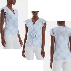 𝅺FRONT knot wrap plaid check blouse ruffle sleeve Blue white Sz S NWT